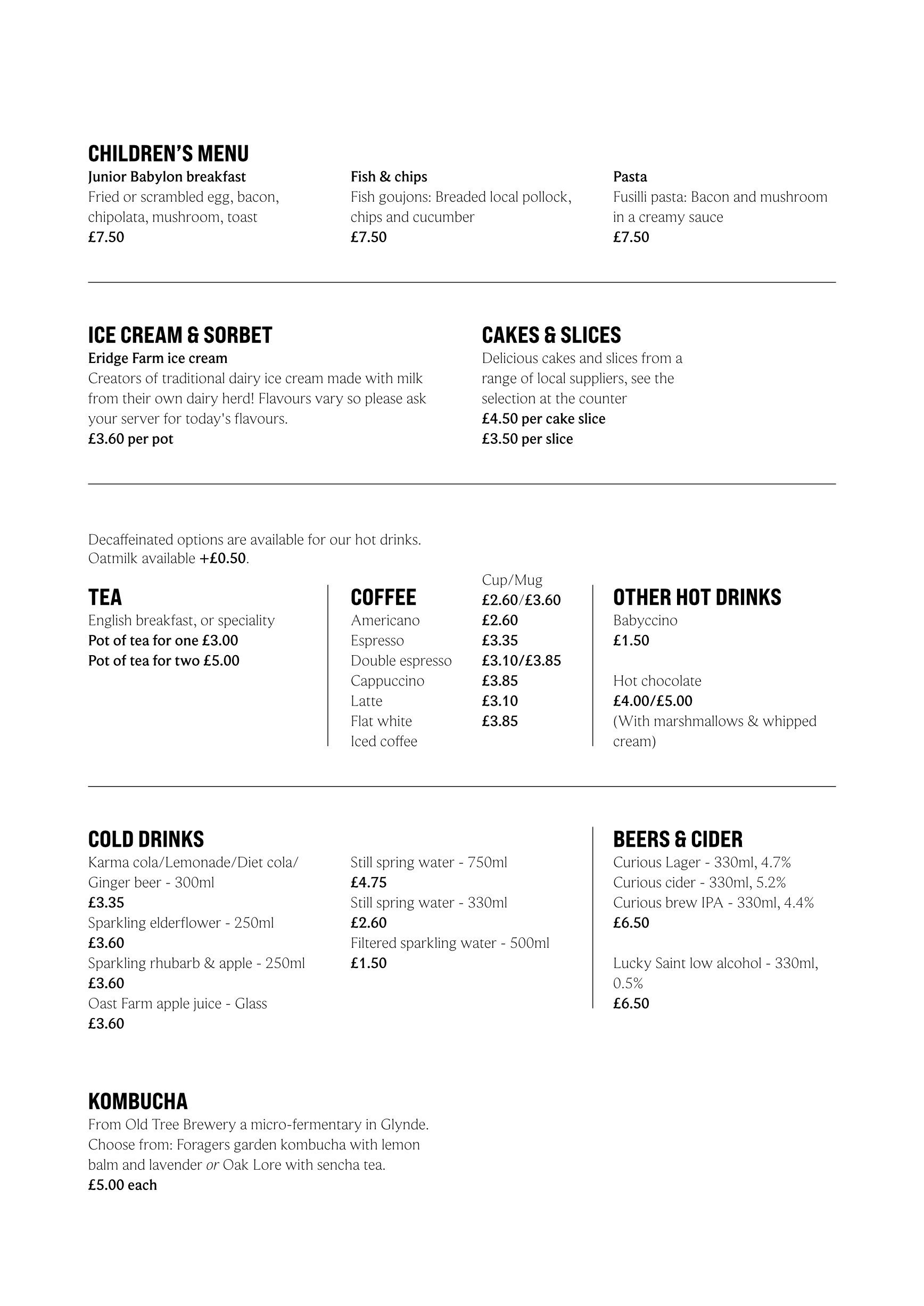 Babylon menu - Cakes, teas and coffees