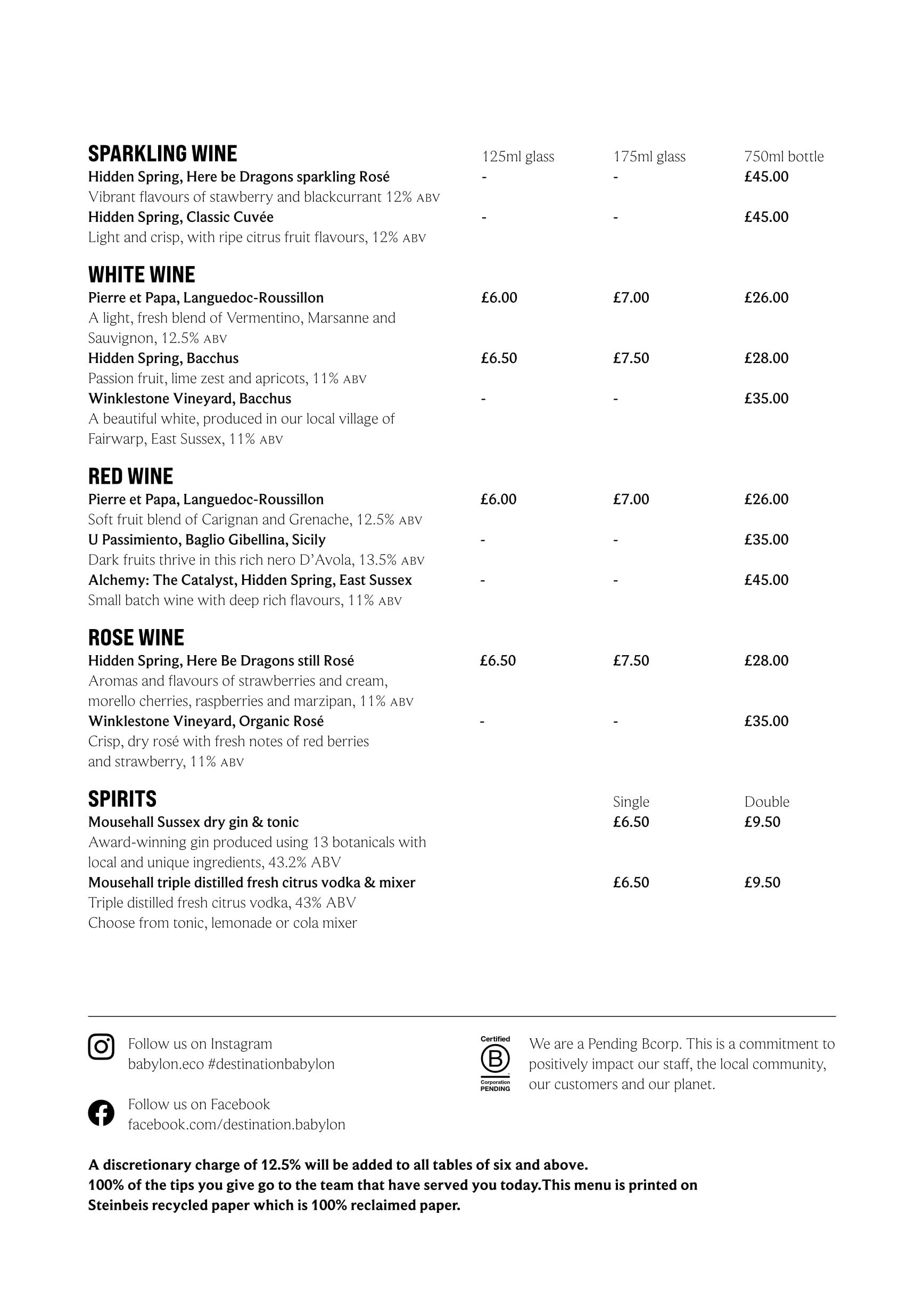 Babylon drinks menu.