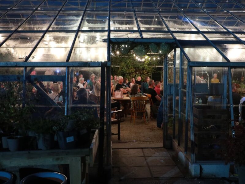 The view into the greenhouse from outside
