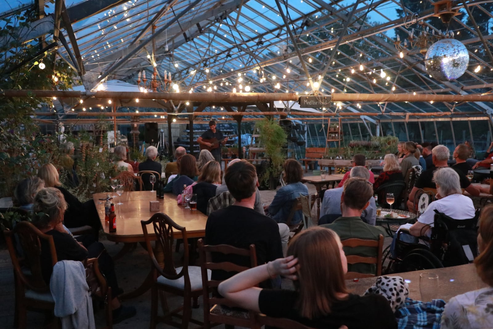 The audience in the greenhouse watching Tom Cole singing.