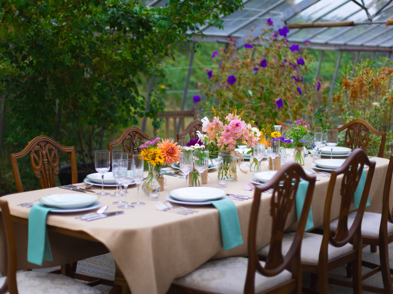 A beautifully laid table, ready for a special dining event in our greenhouse at Babylon.