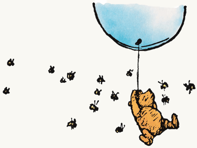 Vintage illustration of Winnie-the-Pooh floating whilst holding a balloon.