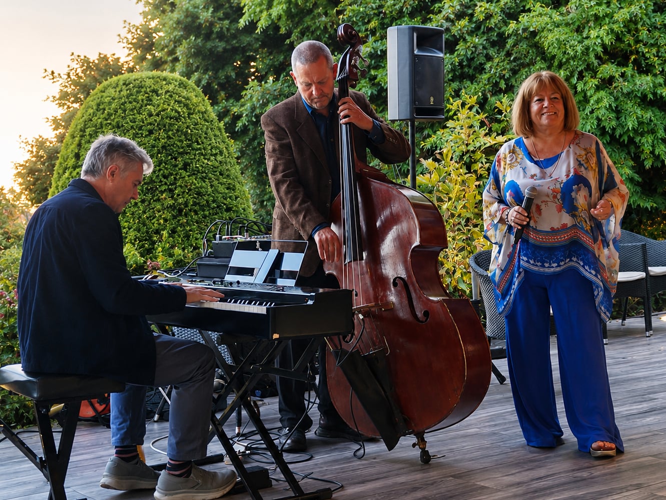 The Jenny Green Trio on stage playing keyboard, double bass and singing.