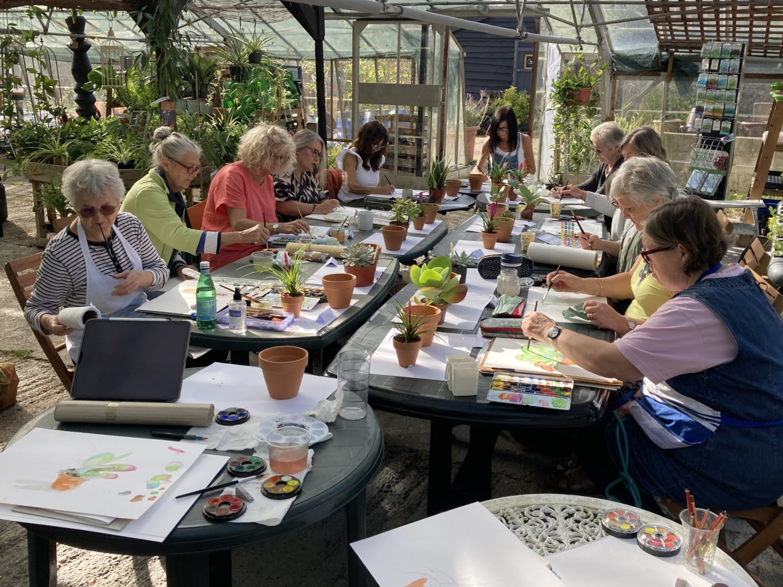 Jan Moffitt watercolour class in the greenhouse at Babylon