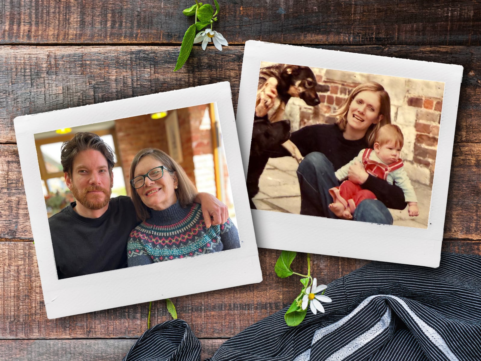 Polaroid images of Alex and his mum, from his childhood and recently.